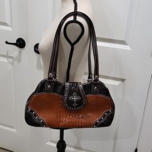 Faux alligator embossed studded bag
